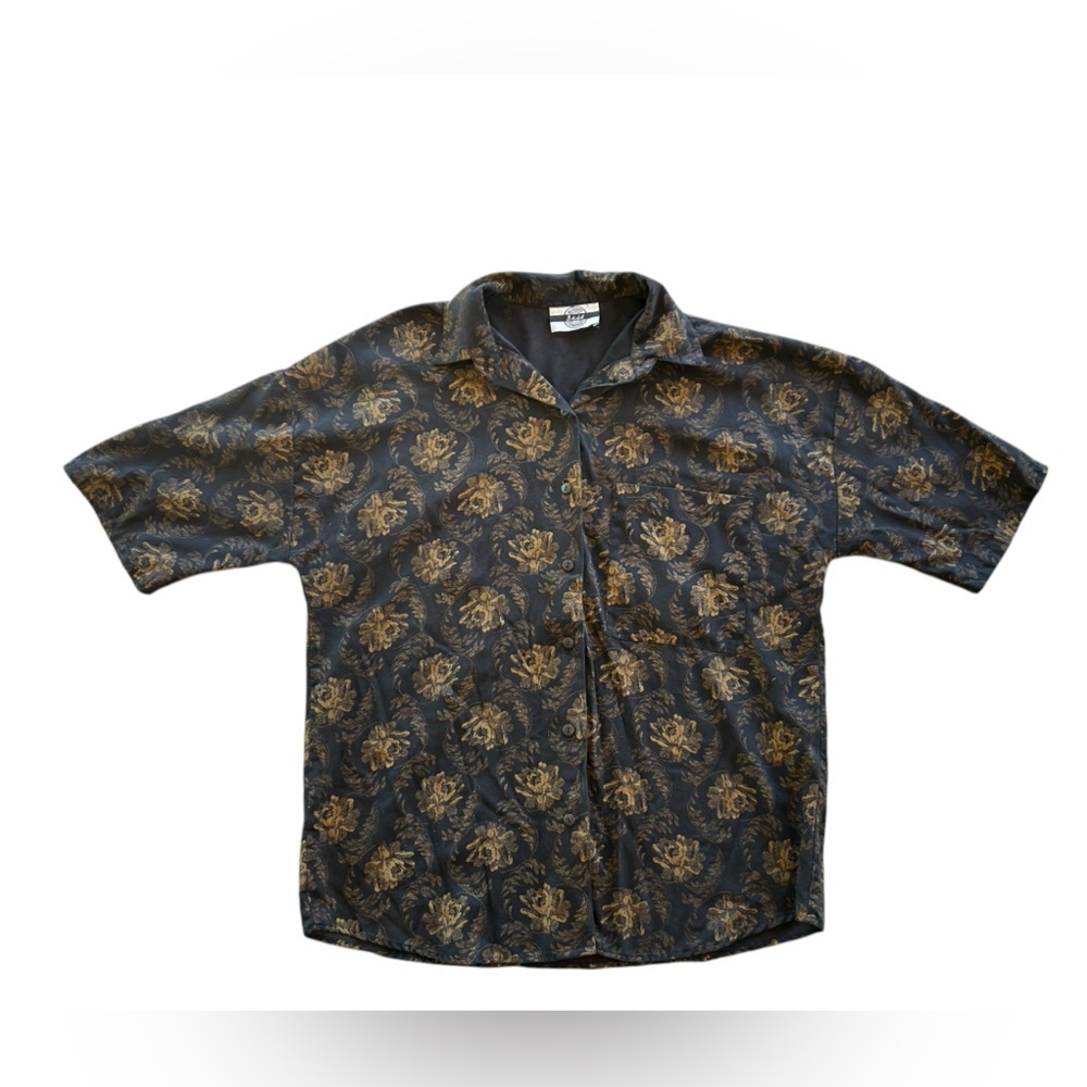 Vintage 90s Men's Black and Gold Patterned Shirt Floral Roses Button Up Collard